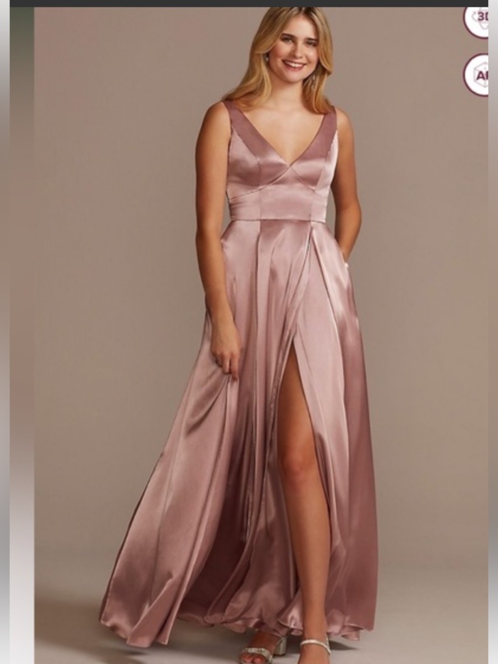 Signature Satin Mauve V-Neck Maxi Dress with Front Slit